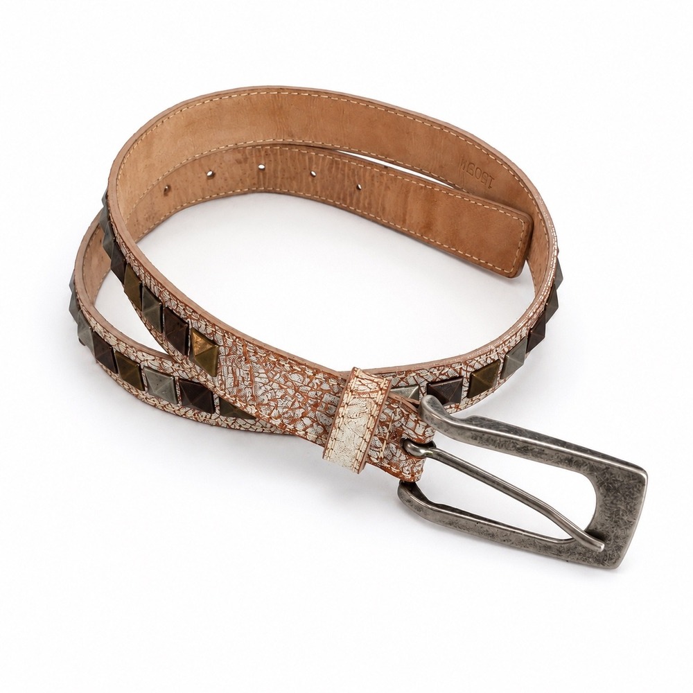 Streets Ahead Studded Leather Belt Medium White Crackle USA‎ Boho Western 15054